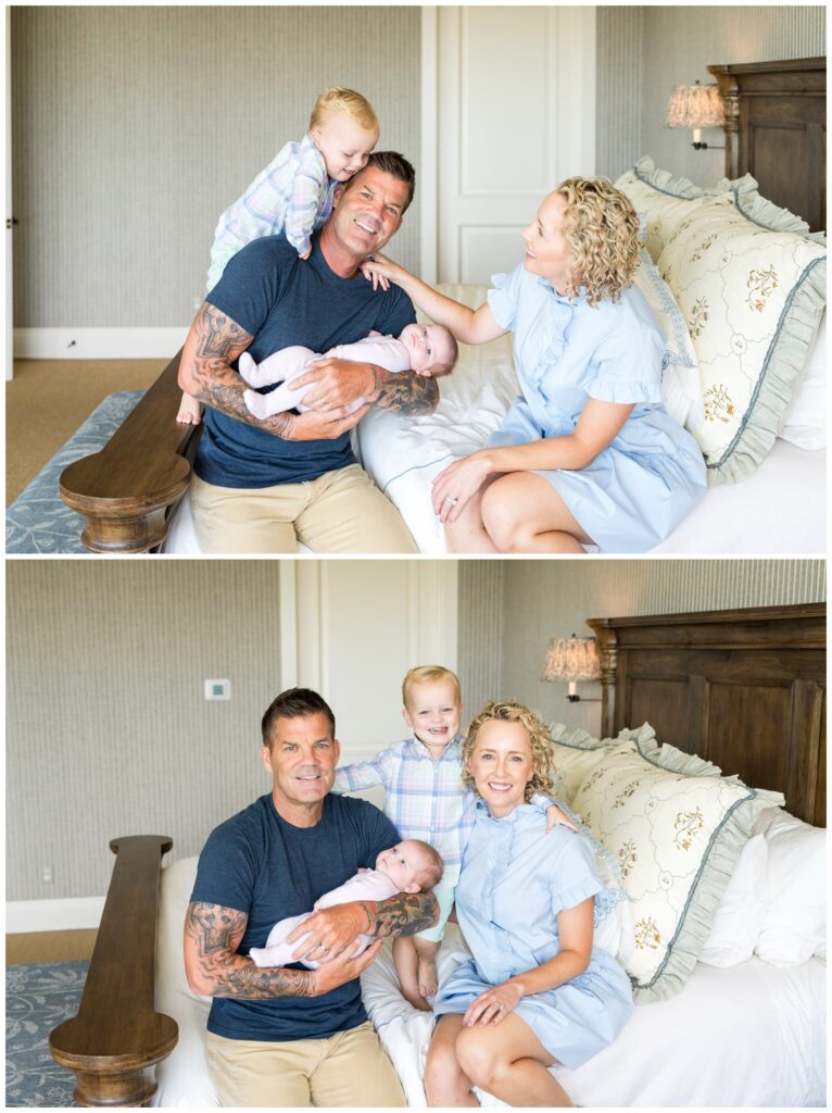 A family sitting together in the master bedroom during their newborn photography session in Austin.