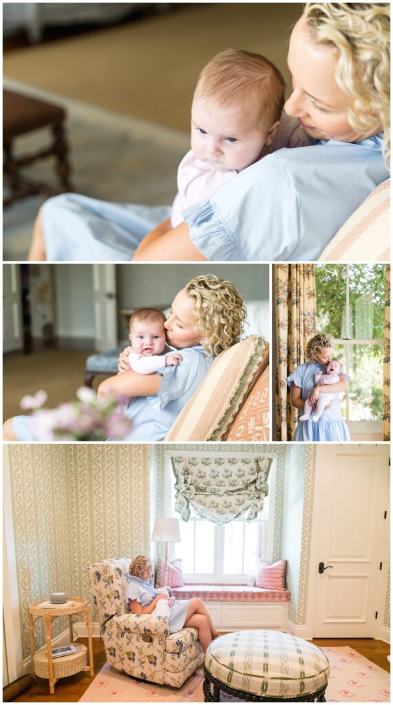 Mom and baby cuddling during a newborn photography session in their Austin home.