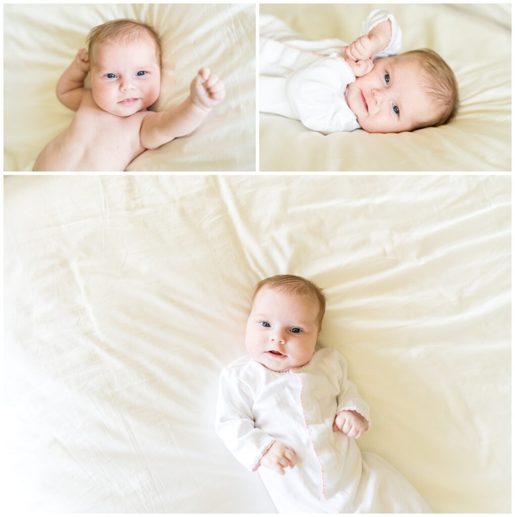 A newborn girl stretched out on her parents bed while she has photos taken by Alissa Cordoba Photography